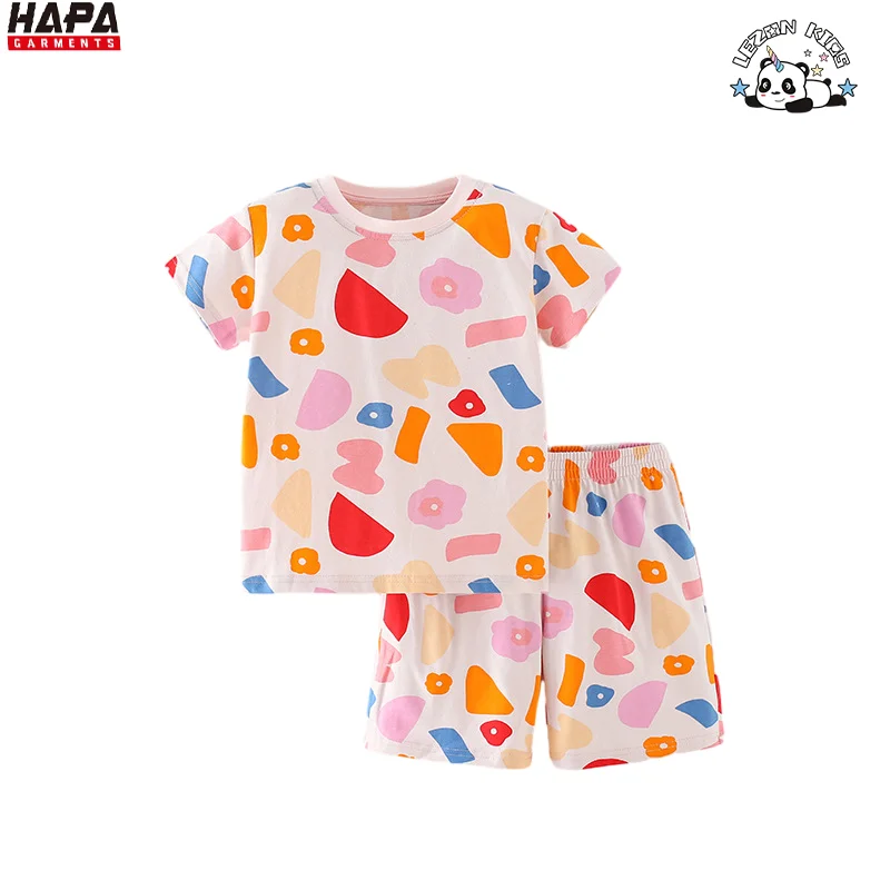 LEZONKIDS - New in 2024 children printed round neck short sleeved pants cotton fabric daily life girls sets